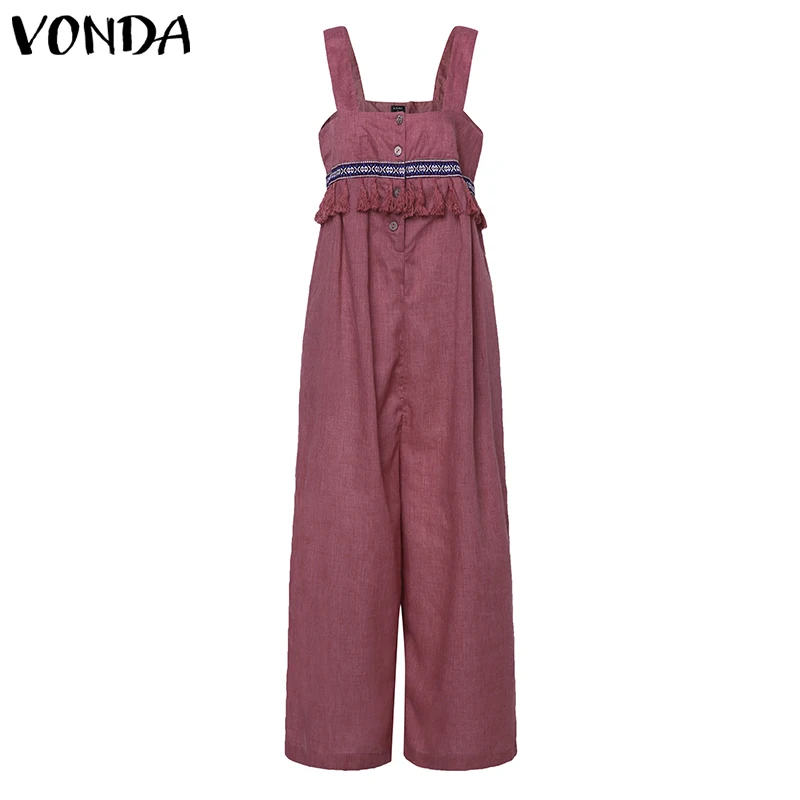VONDA Plus Siz Комбинезоны женские Комбинезоны летние широкие брюки сексуальные без рукавов с кисточками Vinatge Комбинезоны повседневные брюки