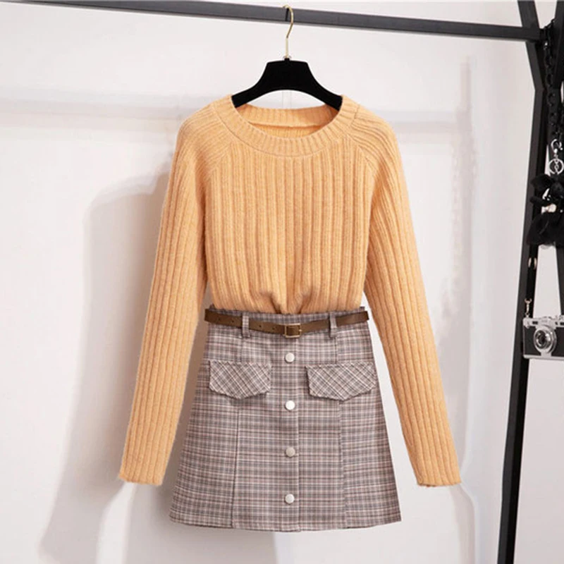 

2020 Autumn Womens Sweater + Plaid Skirts Sets Solid Color Female Casual Two-Pieces Suits Loose Knit Cardigans Mini Skirt Winter
