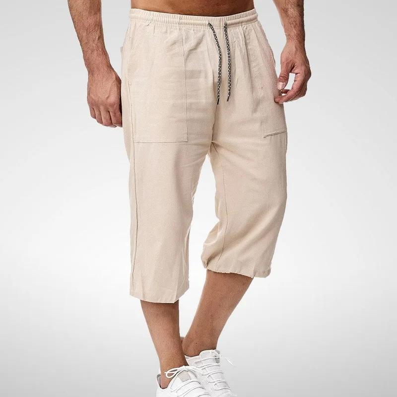 

Linen Short Men 3/4 Length Knee Cotton Large Size 3xl High Waist Plus Size 3XL Bermuda Shorts Male Long Men's Summer Breeches