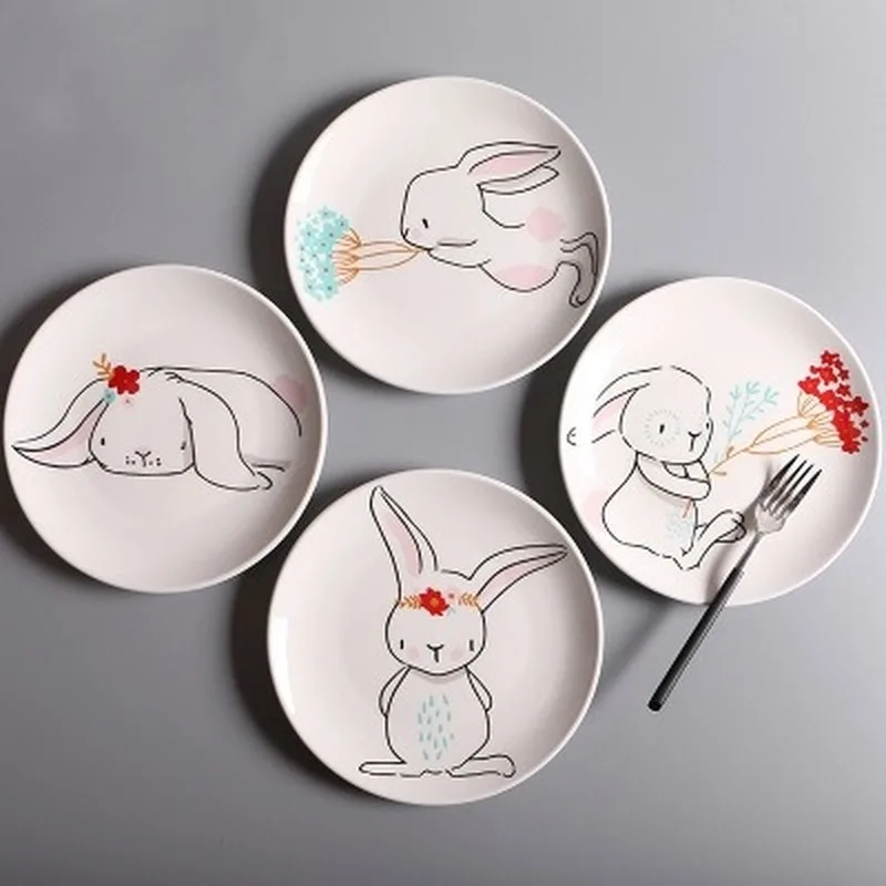 

8 Inch Creative Cartoon Rabbit Round Ceramic Plate Family Hotel Kitchen Supplies Bone China Western Salad Plate Tableware Dish
