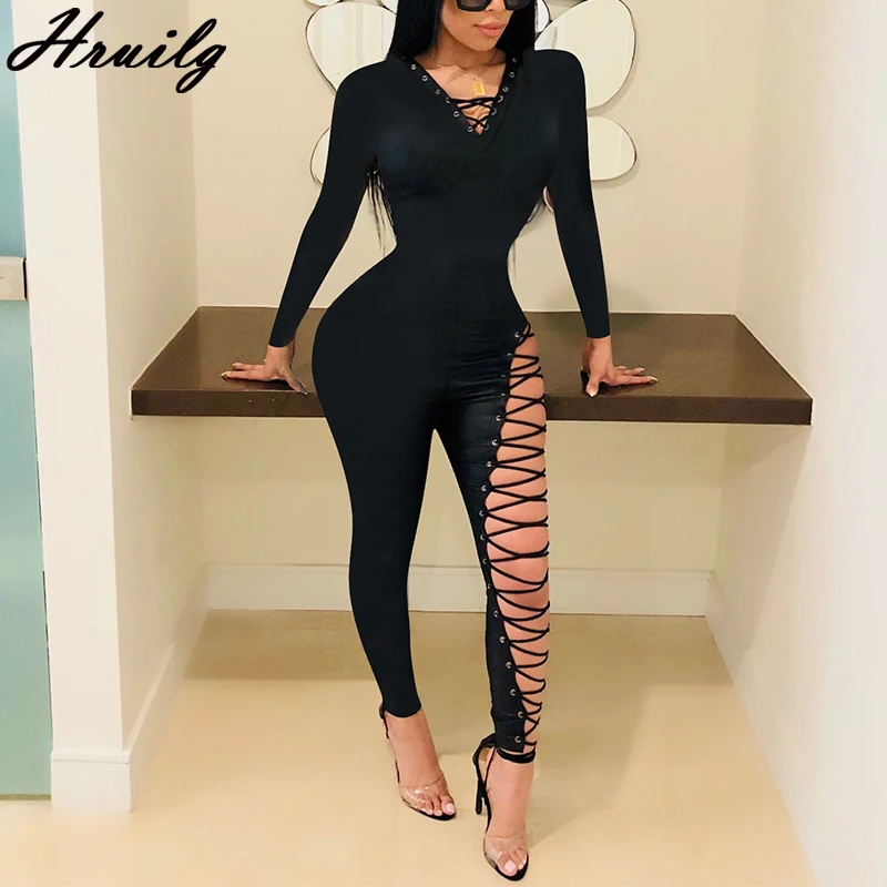 

Sexy One Piece Outfit Women Club Outfits Autumn Long Sleeve Bodysuit V Neck Eyelet Lace-Up Jumpsuit Women Skinny Romper 2020