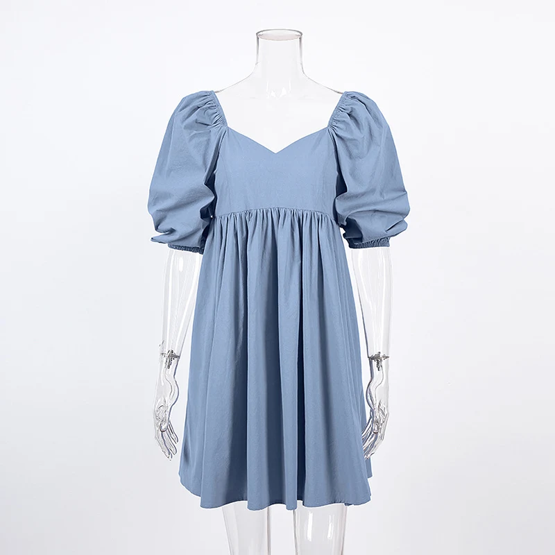 

100% Cotton Summer Mini Dress Women Solid V-neck Puff Sleeve A-line High Waist Loose Dresses Female 2021 Fashion Ladies Vestidos