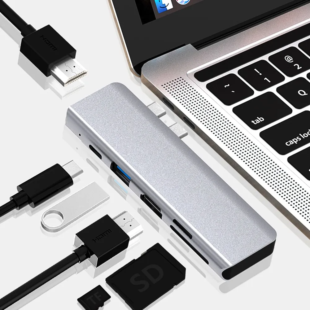 

Двойной HDMI-совместимый выходной концентратор Тип C, двойной 6 в 2 USB C к HDMI концентратор, многопортовый адаптер дисплея для MacBook Pro MacBook Air