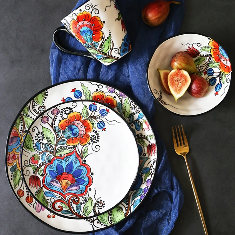 Tableware Ceramic Dinner Plate Set Dish 8/10 Inch Porcelain Cute Dessert Dinnerware Irregular hand-painted Steak | Дом и сад