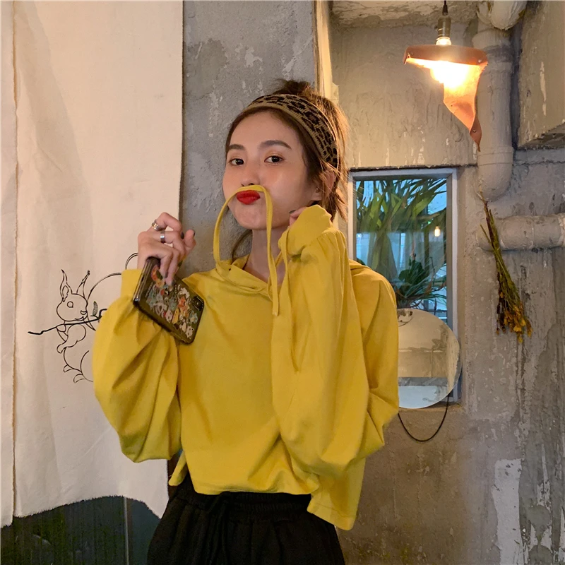 

Hoodies Women Long Sleeve Solid Hooded Loose Cropped Top Drawstring Ulzzang Student Casual Streetwear Spring Simple Clothing