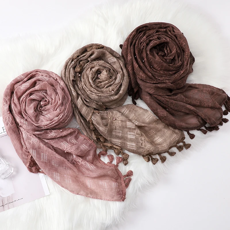 

10pcs Pure Color Hijabs Cotton Linen Beaded Pearl Headband Embroidered Tassel Hanging Scarf COLOR 12