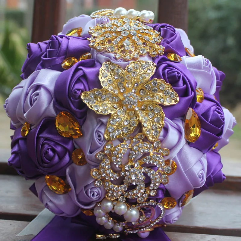 18cm Purple WifeLai-Золотая брошь для невесты, держащая букет цветов, белое золото, кристалл, чистый белый шелк, Свадебный букет невесты, W227-1 - Цвет: 18cm Purple