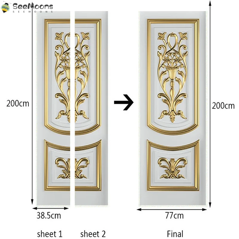 

PVC Self-Adhesive Waterproof Door Sticker 3D Stereo White European Style Golden Carved Wallpaper Living Room Bedroom Door Decal