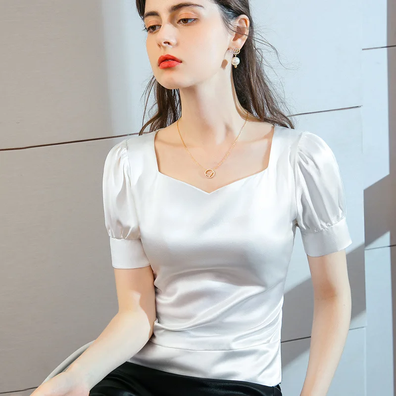 

Acetic acid Satin silky T-shirt women's new summer French Open collarbone princess sleeve square collar top