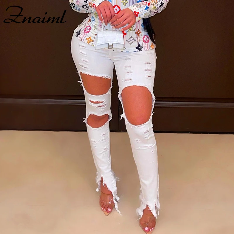 

Znaiml Pencil Pants Jeans Women High Waist Slim Skinny Spring Autumn Ripped Hole Denim Pants Casual Washed Mom Fashion Trousers