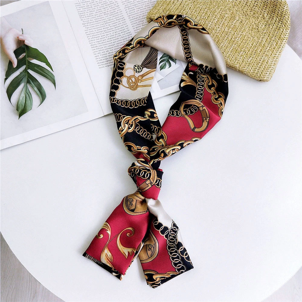 

AOMU 2019 Winter Scarf Women Fashion Print Striple Hair Tie Band Kerchief Wrist Ribbons Head Neck Silk Satin Bag Long Scarfs