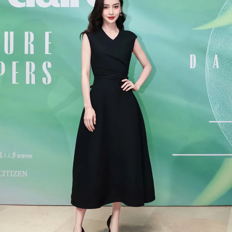 

2021 Summer Runway New Style Sexy V-Neck Belt Slim Fit Temperament Mid-Length Black Dress High-Quality Women'S Clothing