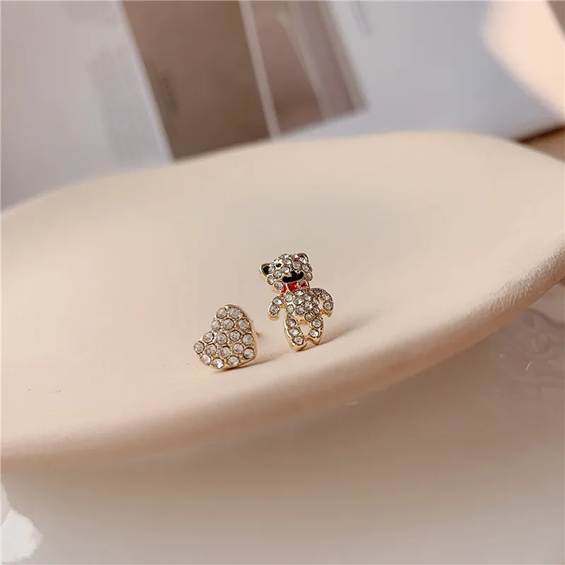 

2021 New S925 Silver Needles Drop Earring Cubic Zirconia Cute Asymmetrical Bear Heart Shaped Tassel Earrings For Women Gifts