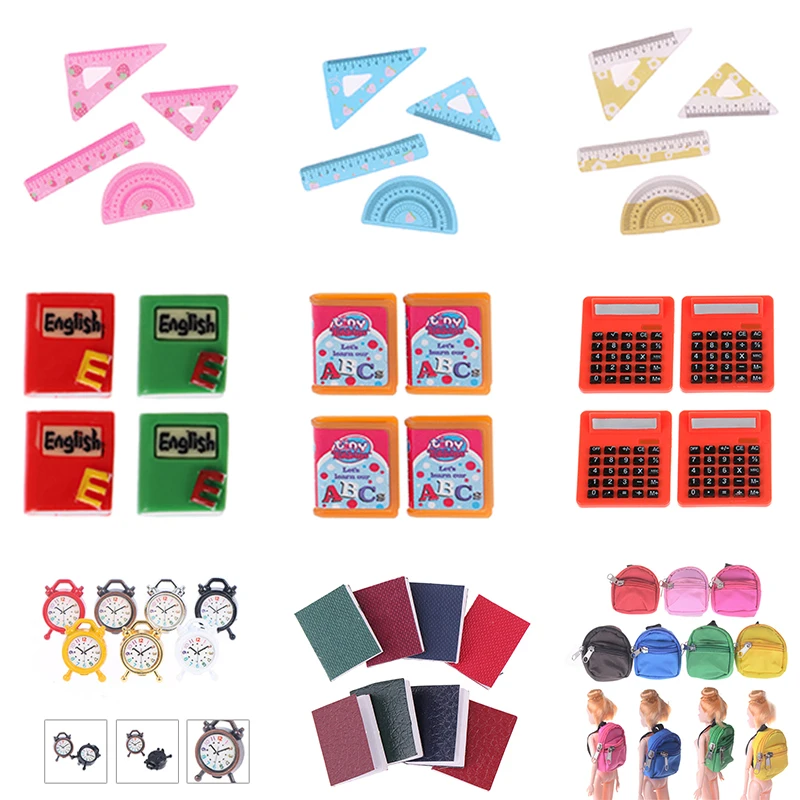 

Аксессуары для кукольного домика 1/12, имитация книги, школьная сумка, коробка для рисования, линейка, часы, цветная куколка на карандаш, домаш...