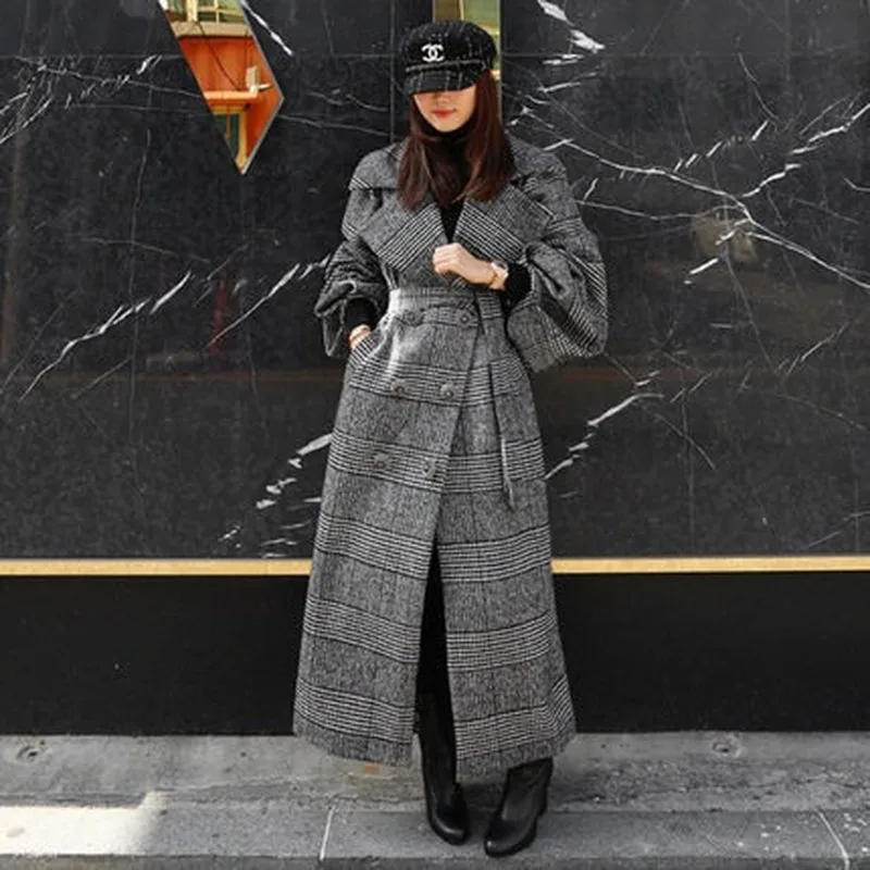 

New Winter Lapel Full Sleeve Check Wool Long Double-breasted Large Size Jacket Women Windbreaker 2021 Women