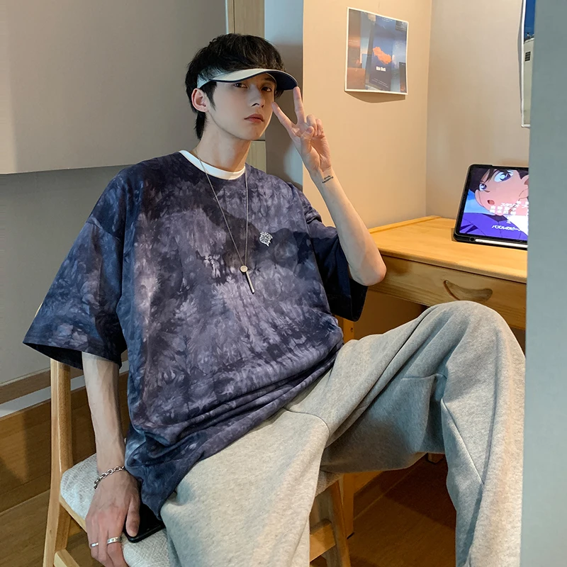 

Short-Sleeved Tide Brand Tie-Dye Abstract Letter Printing Shirt Summer New T-shirt Hip-Hop Loose Personality Five-point Sleeves