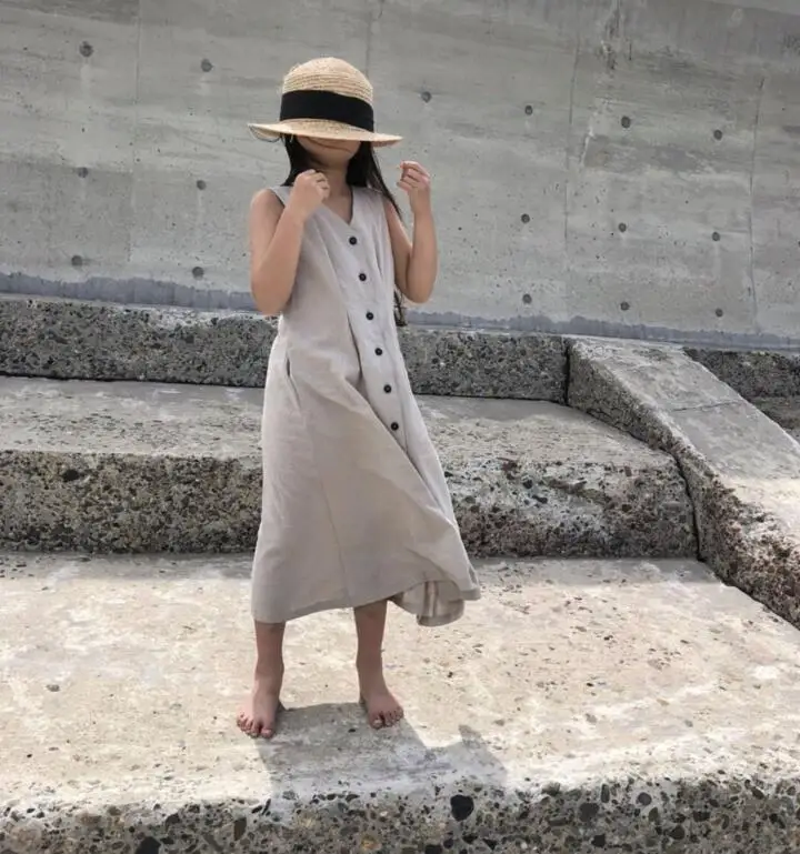 Модное Длинное Платье для девочек на пуговицах без рукавов однотонное красивое