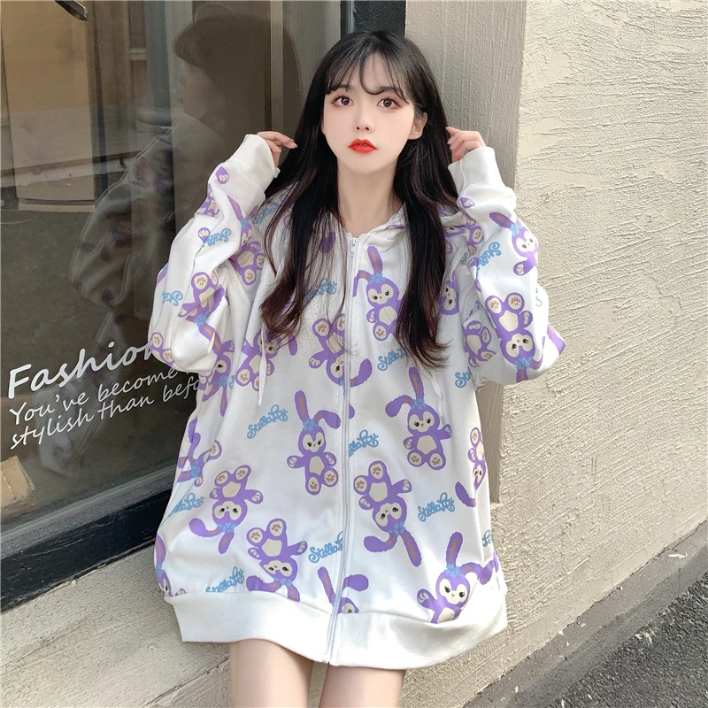 

Женская свободная толстовка Kawaii в Корейском стиле ретро с принтом кролика, Женская толстовка в японском стиле Харадзюку, одежда Ulzzang для женщин