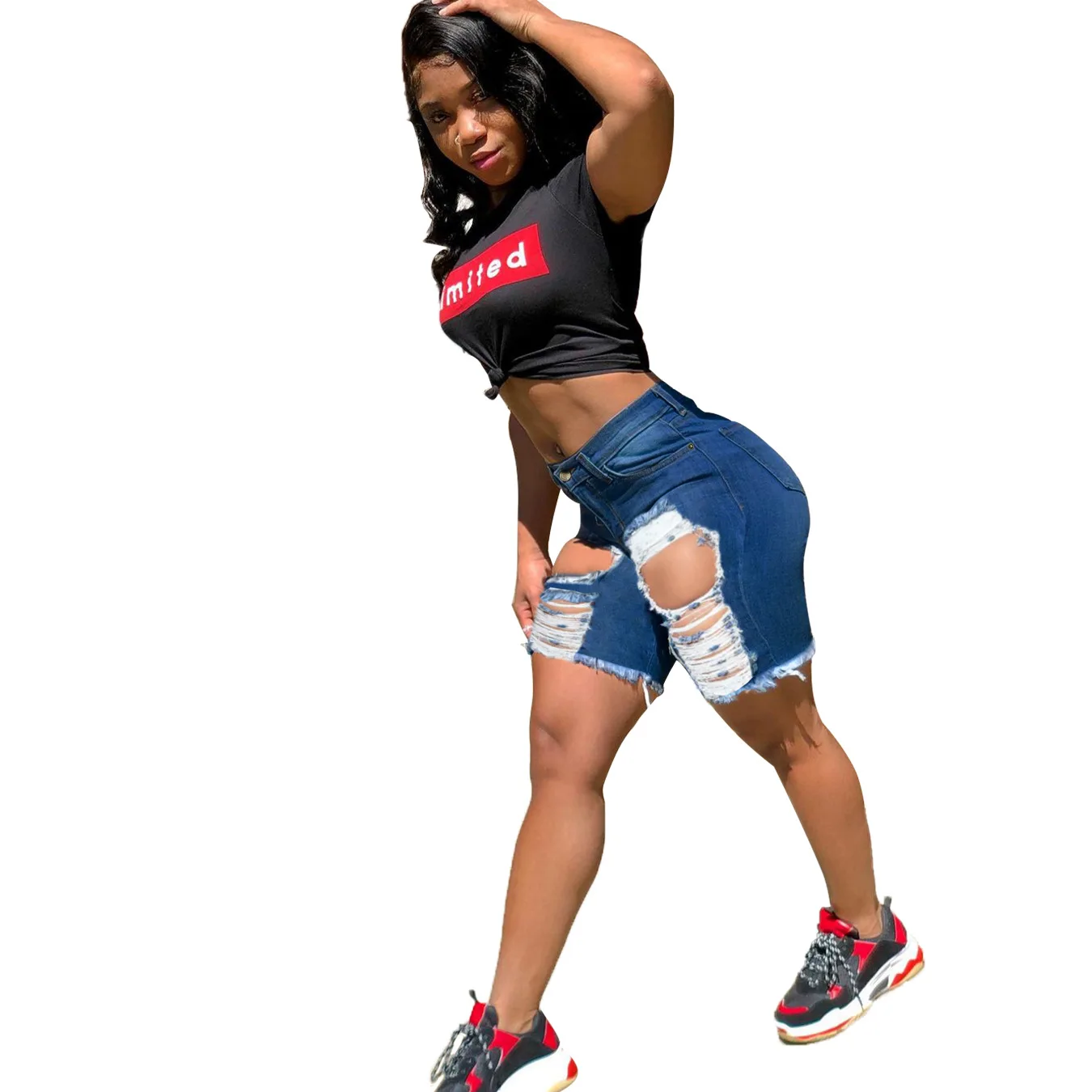 

2021 Summer Women Denim Shorts High Waist Holes Ripped Skinny Lady Jeans Smart Style Fashion Shorts Jeans Real Pictures