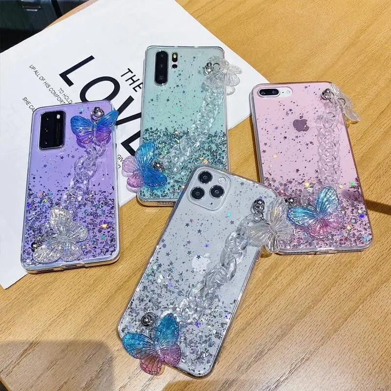 Прозрачный чехол с кристаллами и бабочками на запястье для iPhone 12 Pro Max mini 11 7 8 6 Plus |