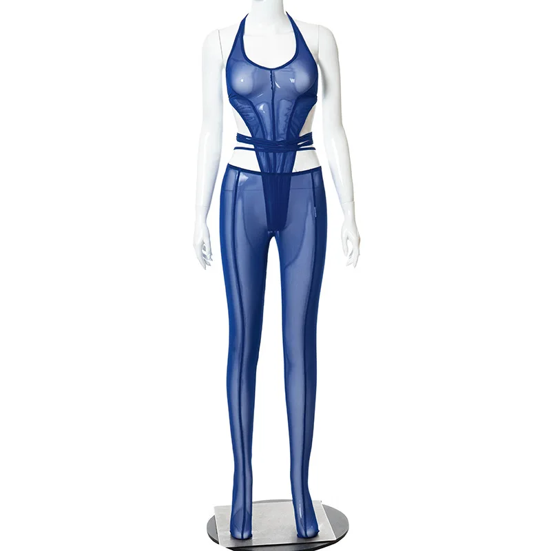 

Eadahan 2021 FASHION New Summer Season Solid Color Sexy Mesh One-piece Slim-fit Hollowed-out Tethered Trousers Suit