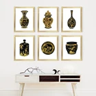 Золотистая и черная ваза в китайском стиле, набор для печати, 6 фарфоровых постеров, набор для китайского фарфора в китайском стиле, Восточная ваза P