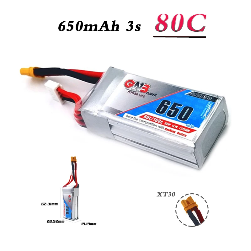 

Lipo 3s GAONENG GNB 11.1V 650mAh 80C/160C Battery XT30 Plug for FPV Racing Drone RC Quadcopter Helicopter Parts