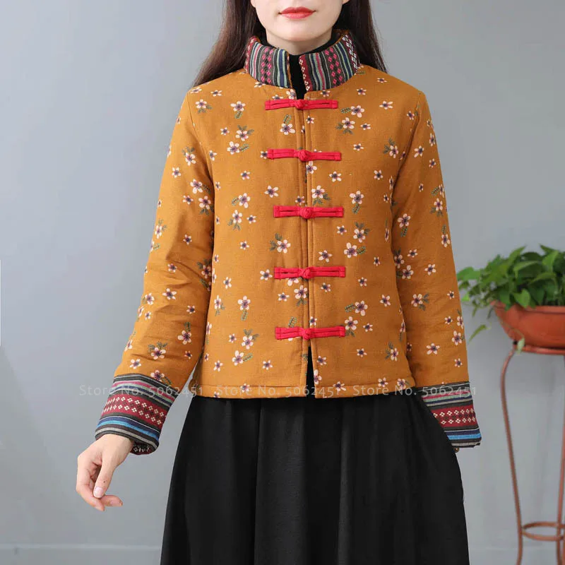 Женская теплая хлопковая куртка в традиционном китайском стиле с принтом ретро