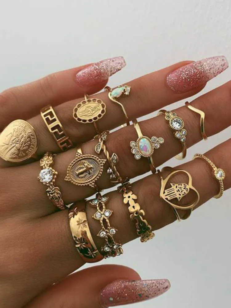 

Fashion Bohemian Vintage Gold Crescent Geometric Joint Opval Ring Set Crystal Sun Rings Party Jewelry Gifts for Women