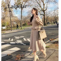 2020 new fashion womens back hollow knitted sweater slim fit v neck top base shirt pleated skirt two piece sweater set