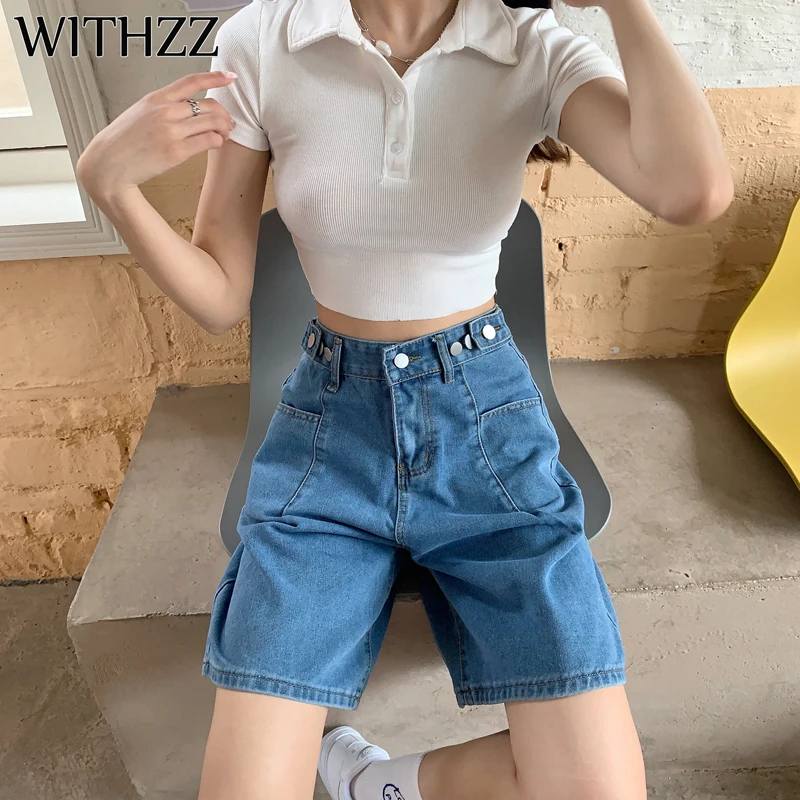 

WITHZZ Spring Summer Women's Loose Straight Wide Leg Jeans Female Denim Shorts