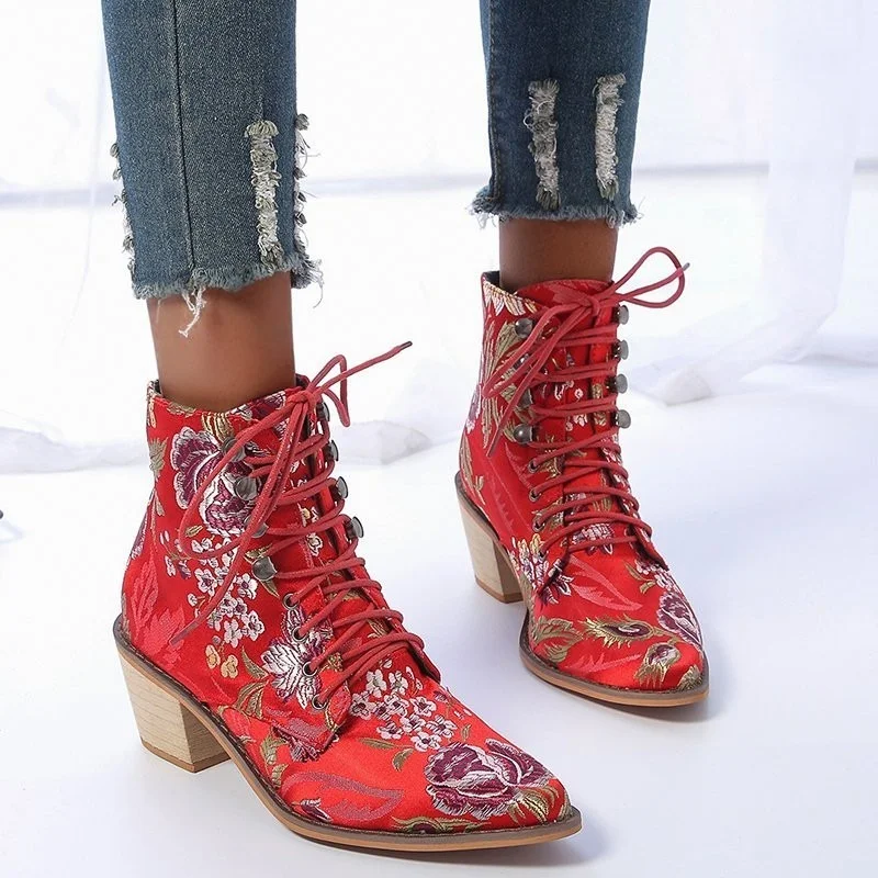 

Women Nakle Boots Winter Shoes Mid Heel Pointed Toe Boots For Woman Fashion Lace Up Shoes Botas Mujer Plus Size 42 43