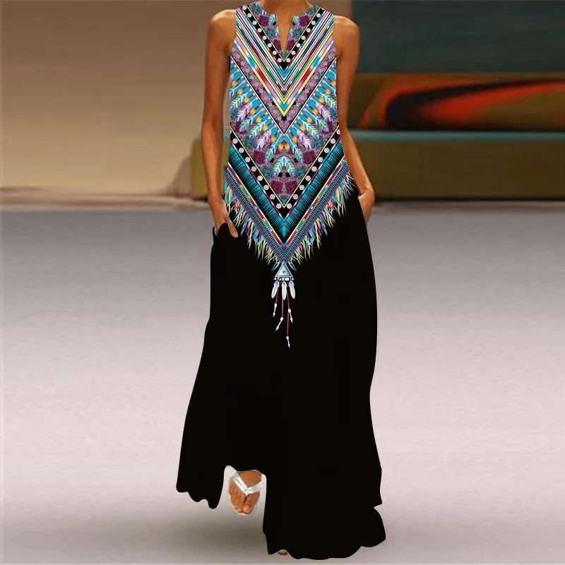 

Breathable Peacock Feather Green Dress 2021 Vintage Casual Long Dresses Summer Woman Sleeveless Beach Maxi Dress Women