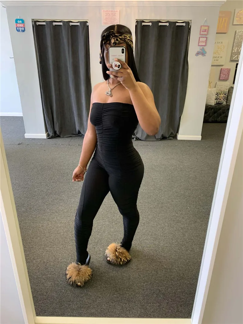Sexy Ruched Strapless Jumpsuit for Women 2020 Off Shoulder Sleeveless Skinny Summer Romper Casual Overalls Night Club Bodysuits