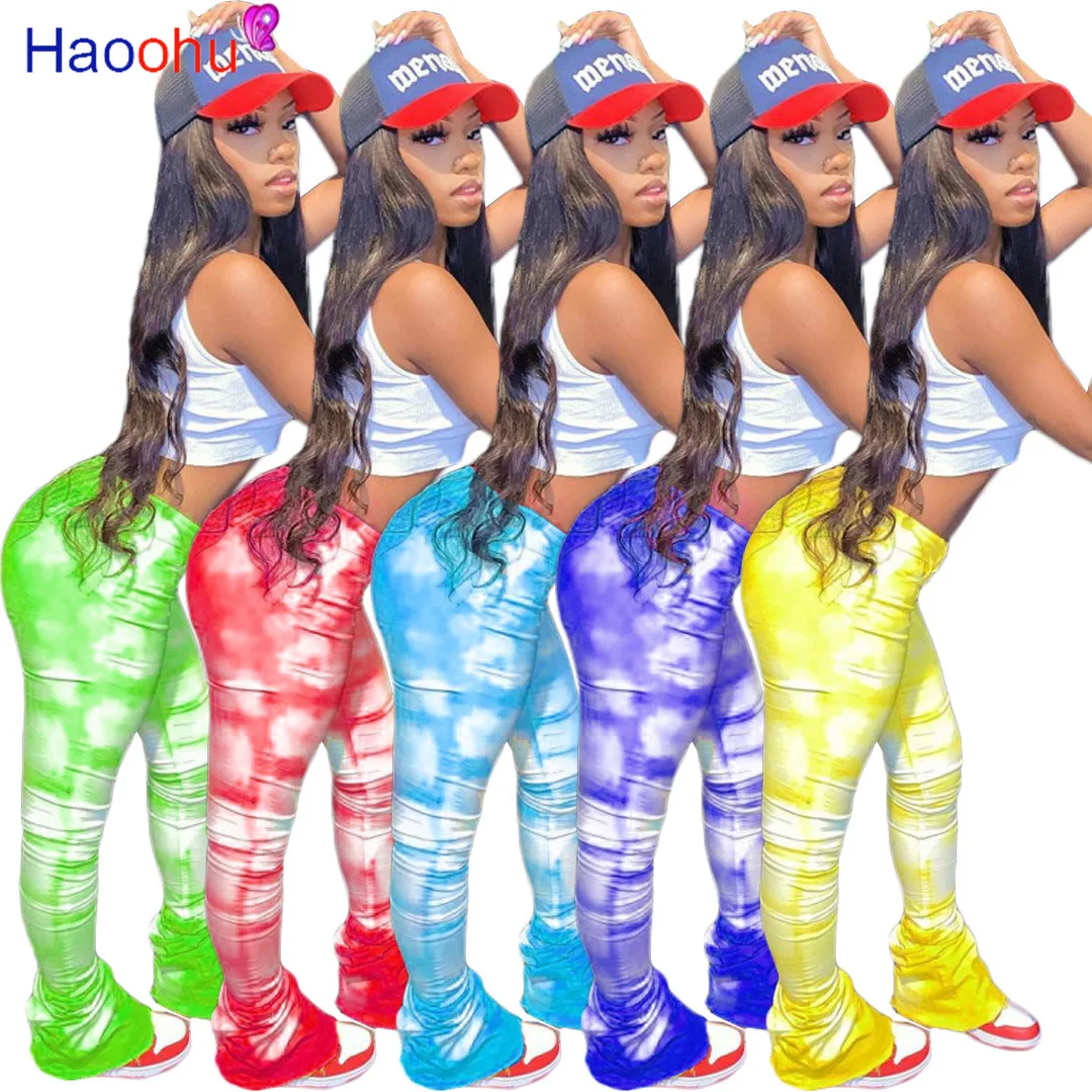 

HAOOHU женские осенние эластичные штаны с градиентной окраской, Модные расклешенные брюки с оборками, драпированные штаны для бега