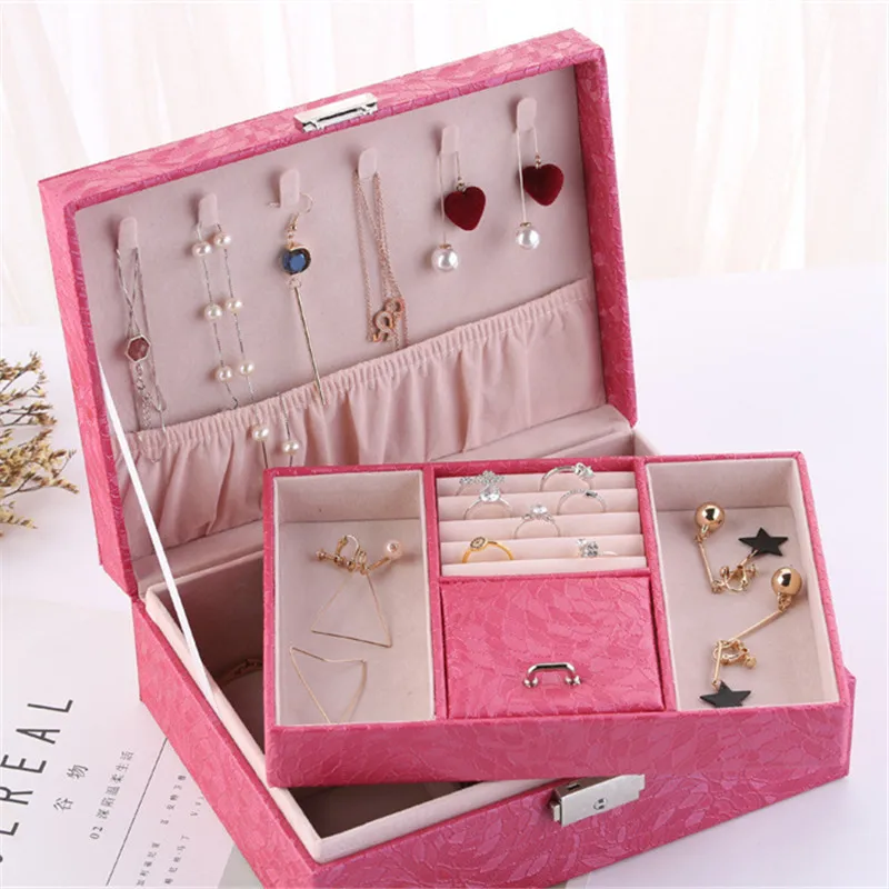 

New European Style Jewelry Box Multi-layer Portable Jewelry Storage Box PU With Lock Earrings Necklace Ring Storage Box