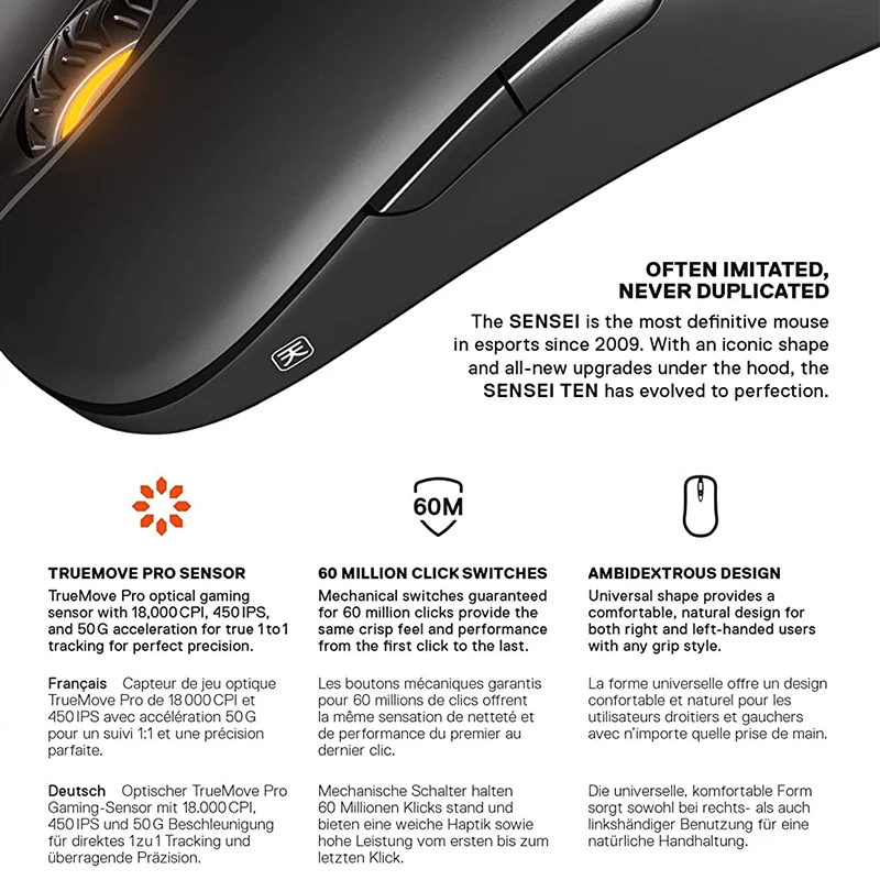SteelSeries Sensei Ten игровая мышь 18000 CPI TrueMove Pro Оптический сенсор механические