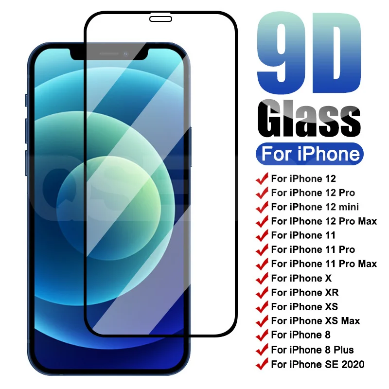 

9D Full Cover Tempered Glass For iPhone 12 mini 11 Pro Max Screen Protector iPhone X XR XS Max 8 7 6 6S Plus Safety Glass Film
