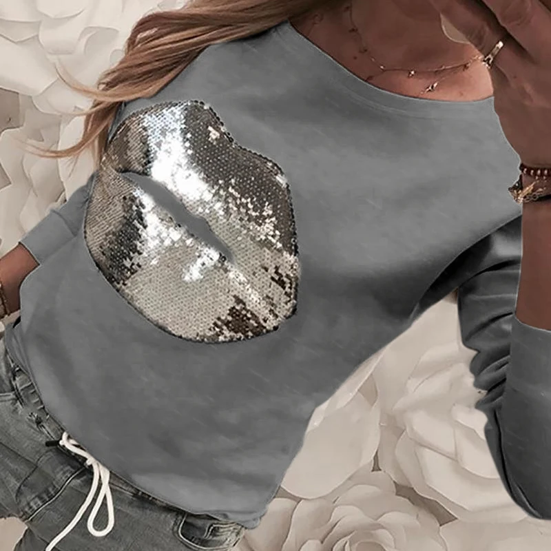Sequins Gray Women Sequins Lips Print Fashionable Sweatshirt Autumn Leopard Long Sleeve Beading Hoodie Lady O-neck Kawaii Sweatshirt Hoodies - Цвет: Sequins Gray