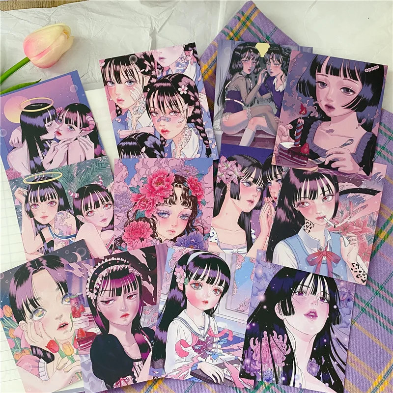 

12Pcs Whimsical Japanese Cartoon Girls Graffiti Room Wall DIY Computer Card Decoration Props Card Double-Sided Illustrations