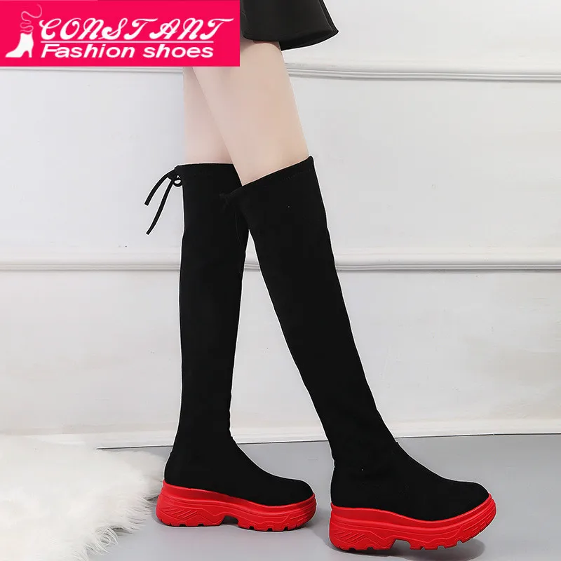 Женские ботфорты на танкетке черные красные стелька из эластичной ткани обувь