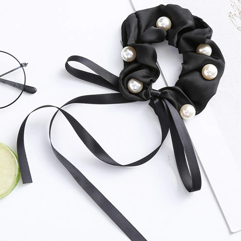 

Korean ins wind ribbon sweet and pure desire hair ring bow tie pearl hair access