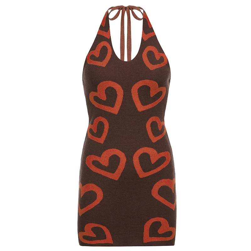 

Heart Print Y2K Knit Halter Dresses Backless Sexy Chic Bodycon Mini Dress Aesthetic 2000s Cute Sleeveless Outfits Cuteandpsycho