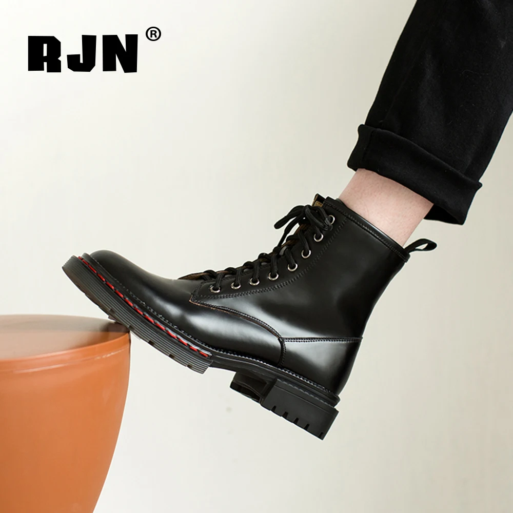 Online RJN Kasual Baru Semata Kaki Fashion Buatan Tangan Asli Kulit Bulat Toe Lace-Up Sepatu Square Tumit Rendah Wanita Bergaya Sepatu RO173