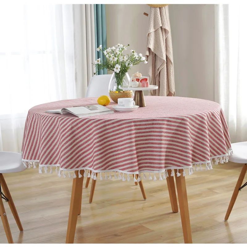 Simple Round Cotton and Linen Striped Tassel Tablecloth Coffee Table Cover Towel Wedding Satin |