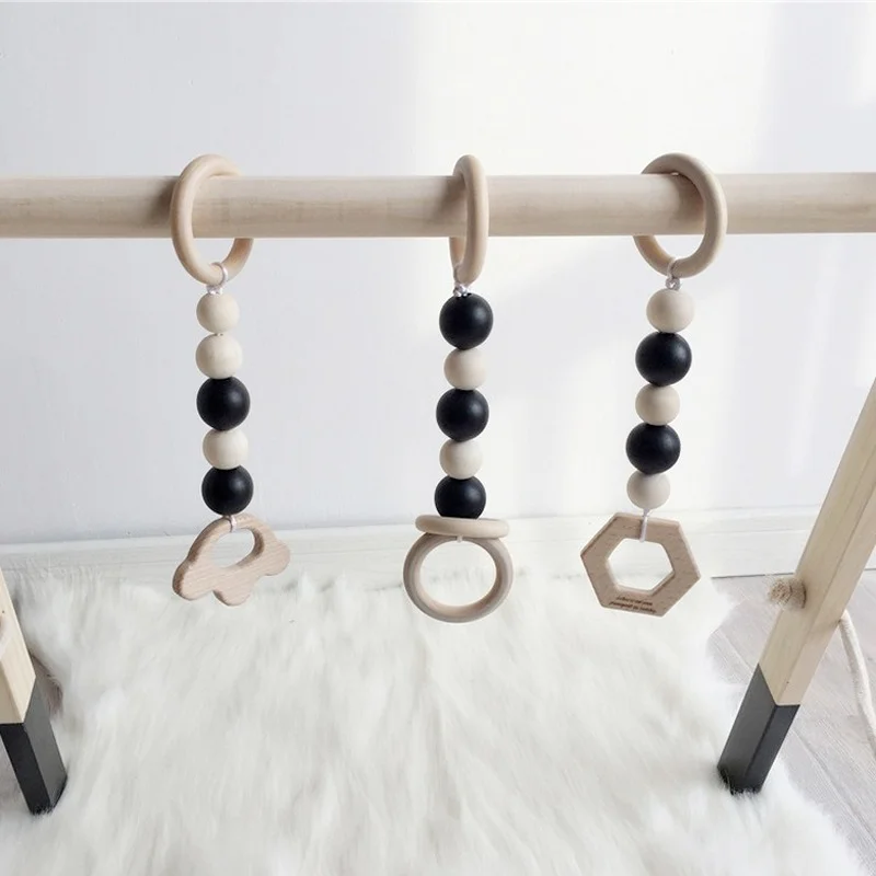 

3PCS/Set Baby Play Gym Silicone Beads Wood Teether Toddler Hanger Rattle Wood Ring Teething Toys For Newborn Baby Pram Toy Gifts