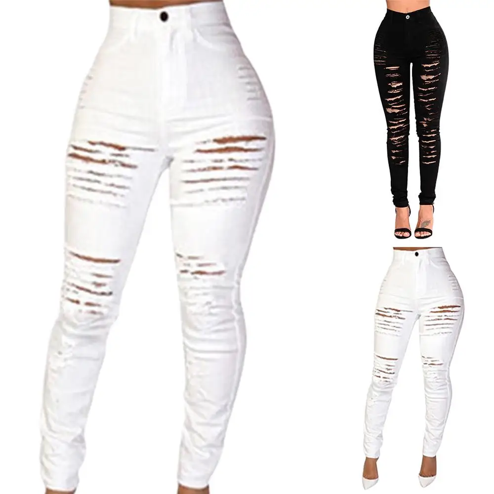 

Skinny Denim Long Plain Pants Ladies Slim Fit Ripped Stretchy Jeans