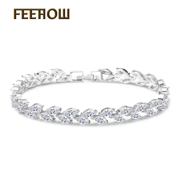 White Color FEEHOW, высокое качество, Marquise Cut, прозрачный CZ циркониевый браслет и браслеты для женщин, подарок, модный, кристалл, камень, лист, ювелирное изделие, FWBP061 - Окраска металла: White Color