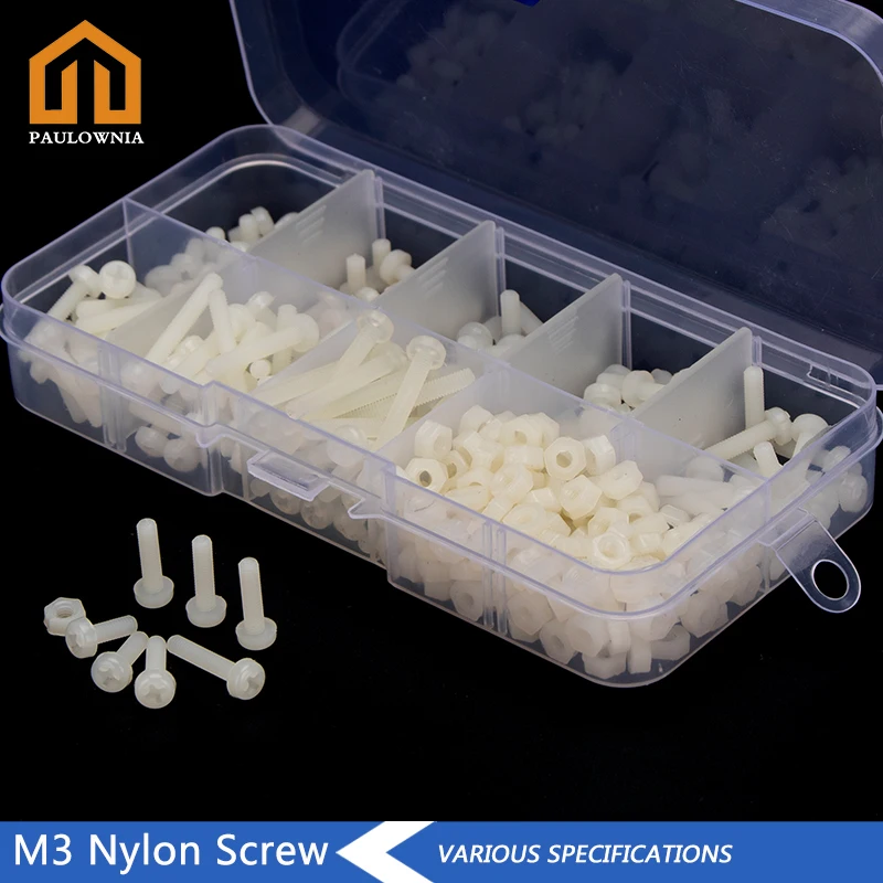 

M3 Nylon Phillips Screw Bolts Hex Nuts Washers Set White Plastic Screws Assortment Kit 320pcs/set