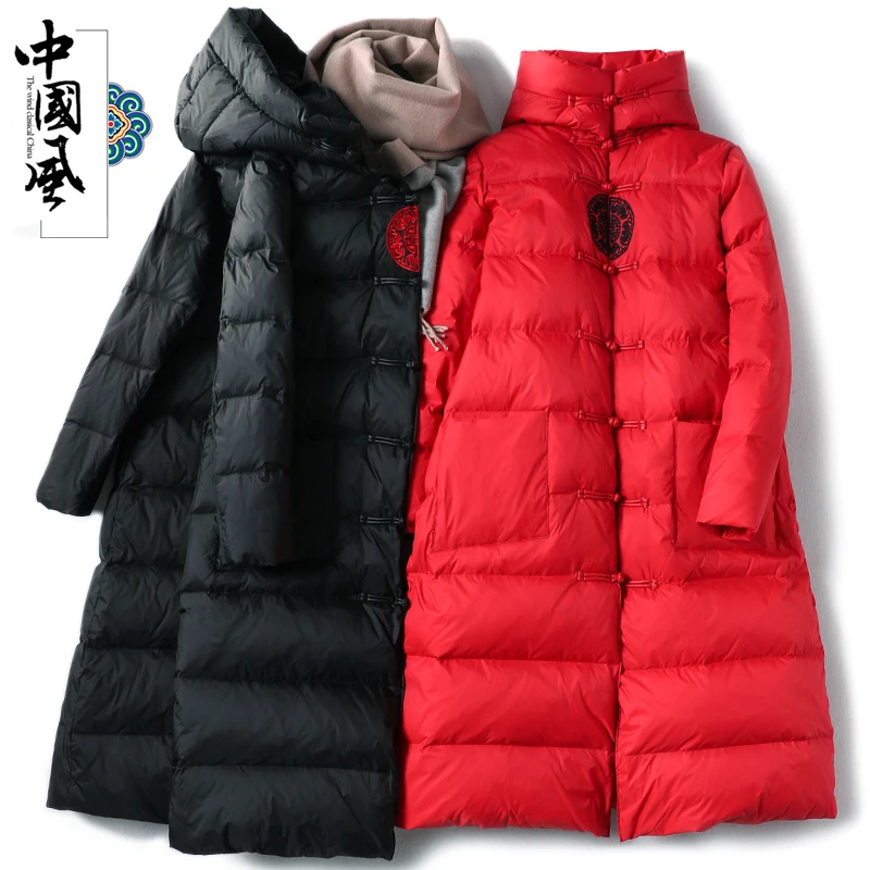 

2021 winter new ladies jacket Chinese style long embroidered disc buckle over the knee Tang suit 90 white duck down down jacket